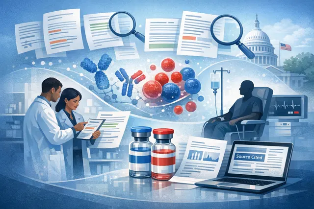 Conceptual illustration of dual bispecific antibodies targeting multiple myeloma cells, representing J&J's Tecvayli and Talvey combination in the MonumenTAL-6 Phase 3 trial.