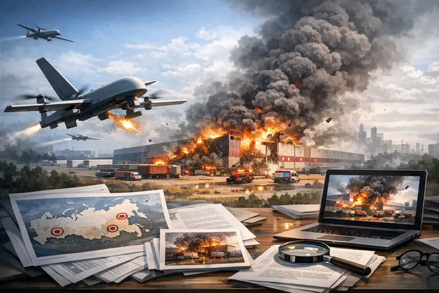 AI-generated editorial illustration of a drone strike on a large warehouse logistics center with smoke and fire, representing Ukraine's drone campaign against Wildberries.