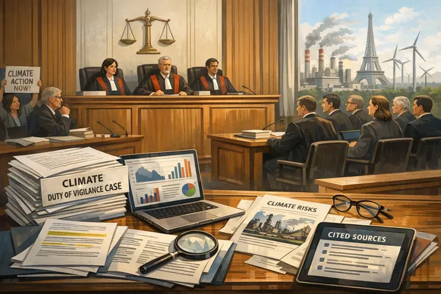 A conceptual image of a courthouse in Paris with oil refinery silhouettes in the background, representing the landmark climate duty-of-vigilance case against TotalEnergies.