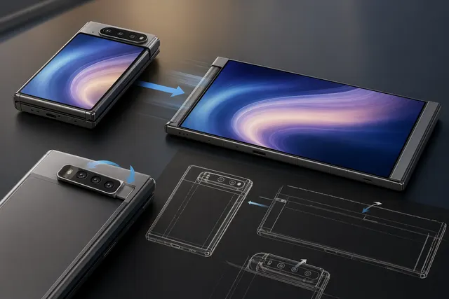 Concept illustration of a Samsung rollable smartphone expanding sideways into a tablet-like display