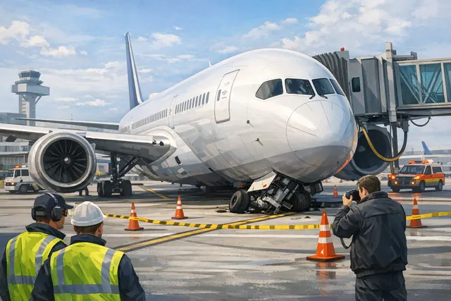 Lufthansa Boeing 787-9 Dreamliner with a collapsed nose gear resting on its belly at a Frankfurt Airport gate