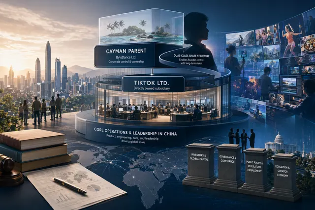Illustration representing ByteDance ecosystem including TikTok, AI, and global digital platforms
