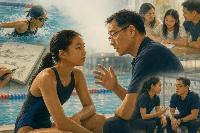AI-generated editorial illustration accompanying a story about swimmer Gan Ching Hwee and coach Eugene Chia