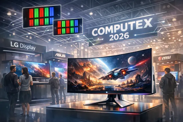 Futuristic curved OLED monitor on a desk displaying vibrant colors, symbolizing the next generation of display technology announced at Computex 2026