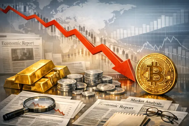 A composite image showing gold bars, silver coins, and a Bitcoin token on a dark background with red downward arrows, representing the simultaneous market crash in late June 2026.