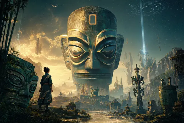 AI-generated editorial illustration representing Sanxingdui: Future Past and AI-assisted filmmaking