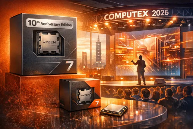 AMD Computex 2026 product showcase featuring Ryzen 7 7700X3D, Ryzen 7 5800X3D Anniversary Edition, and Radeon RX 9070 GRE processors and graphics card.