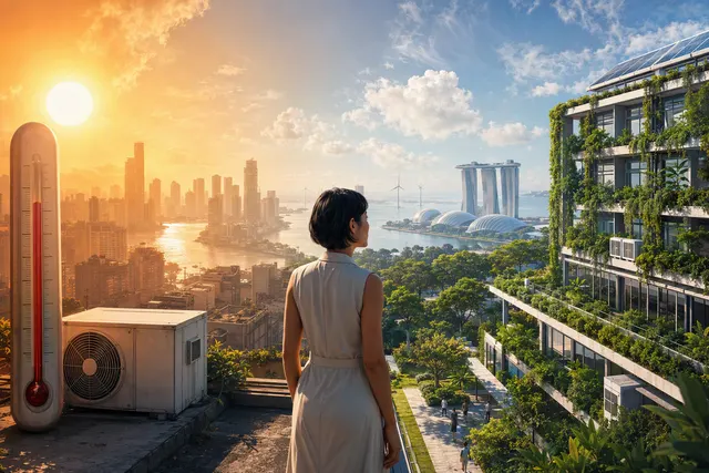 AI-generated editorial illustration accompanying an article about sustainable cooling and heat resilience