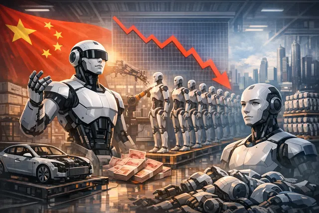 A humanoid robot stands in a modern Chinese home, symbolizing the industry's shift toward consumer trials and uncertain household demand.