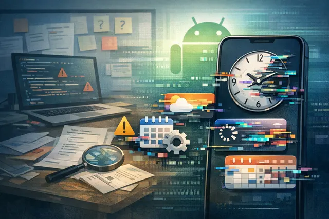 A Google Pixel phone home screen with widgets missing, showing empty spaces where Clock, Calendar, and Search bar widgets used to be, illustrating the Android 17 bug.