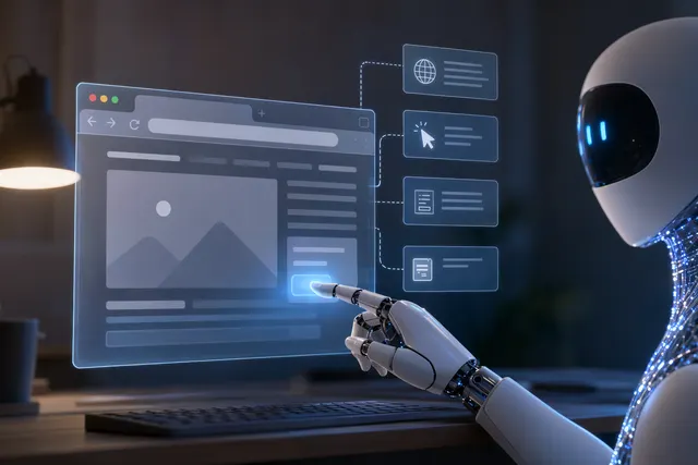 Concept illustration of an AI agent controlling a web browser through a local bridge extension
