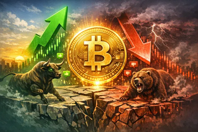 A split image representing the contradiction in Bitcoin market signals: bullish social sentiment clashing with record institutional outflows.
