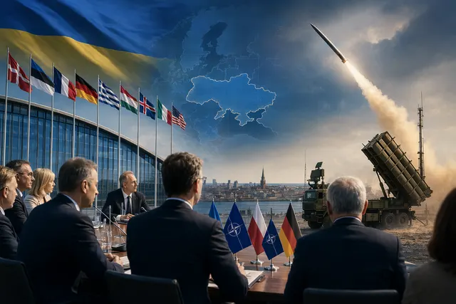 Illustration of NATO ministers discussing Ukraine weapons funding and air defense support