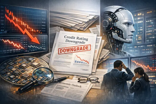 Abstract digital illustration of stock market charts and AI circuitry symbols representing the July 28, 2026 technology stock selloff and Fitch warning on AI credit risk.