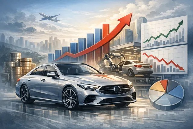 Mercedes-Benz cars arranged in a row, representing the automaker's Q2 2026 earnings report and sales performance in China.