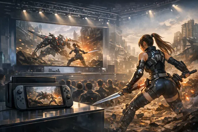 Editorial illustration of Stellar Blade gameplay on Nintendo Switch 2