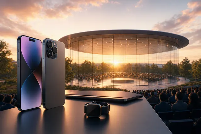Editorial illustration of Apple’s September hardware event and a rumored foldable iPhone