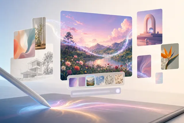 Concept illustration of Google Pics AI design app generating and editing images with text prompts