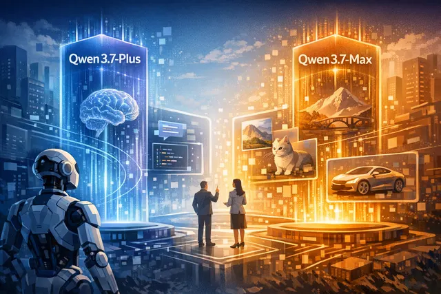 Conceptual illustration of Alibaba's Qwen3.7-Plus multimodal AI model combining vision, code, and autonomous agent capabilities.