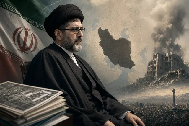 AI-generated editorial illustration representing uncertainty over Mojtaba Khamenei’s reported injuries after the February 28 strikes