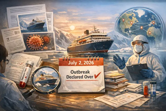 Editorial illustration representing the MV Hondius hantavirus outbreak and WHO declaration