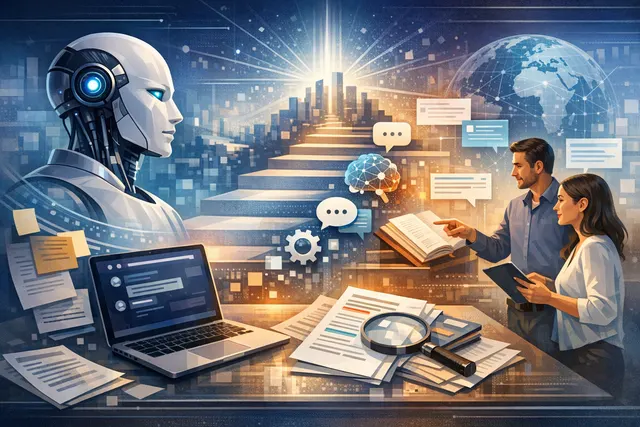 Abstract visualization of interconnected AI agent nodes and data streams representing autonomous work systems