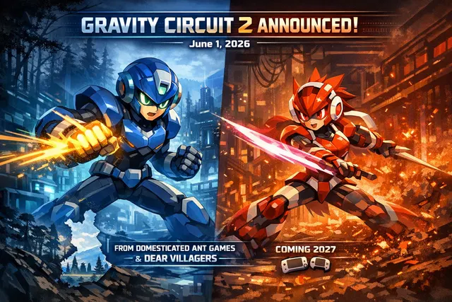 Gravity Circuit 2 promotional key art featuring the new playable character Cable and the returning hero Kai in a futuristic, pixel-art style.