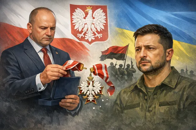 Polish and Ukrainian flags separated by a cracked diplomatic emblem, illustrating the crisis over Zelensky's UPA decree