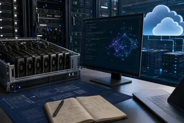 Kimi K2.6 自架與 API 部署路線的抽象 GPU 伺服器插畫