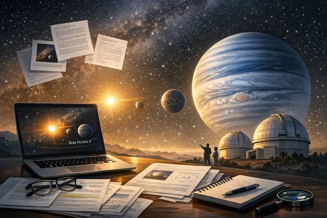 An artist's concept of the Beta Pictoris planetary system showing the newly discovered exoplanet Beta Pictoris d as a faint reddish gas giant in the outer region of the debris disk
