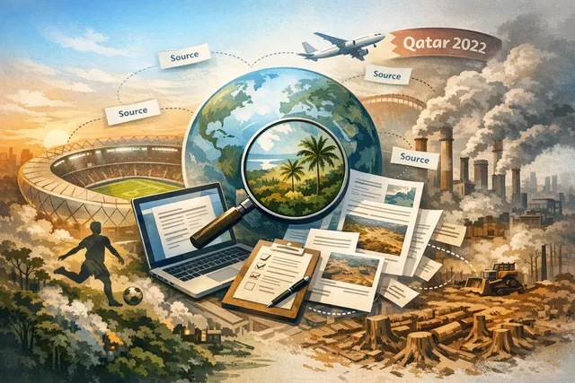 Editorial illustration showing a private jet flying over a football stadium, with carbon footprint data overlays representing FIFA President Gianni Infantino's travel emissions dur