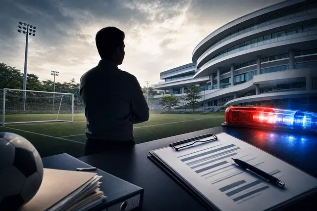 AI-generated editorial illustration accompanying a report on alleged unauthorised SUTD football facility bookings
