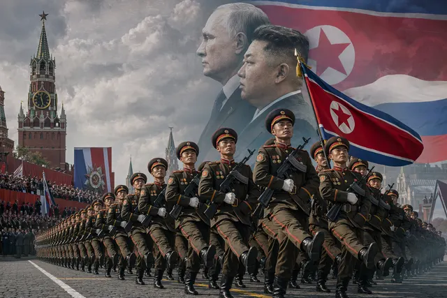 AI-generated illustration of North Korean soldiers marching in Moscow’s Red Square, symbolizing Pyongyang-Moscow military ties