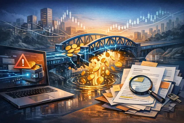 Illustration of three interconnected blockchain bridges with security breach warnings, representing the July 2026 DeFi bridge exploits.