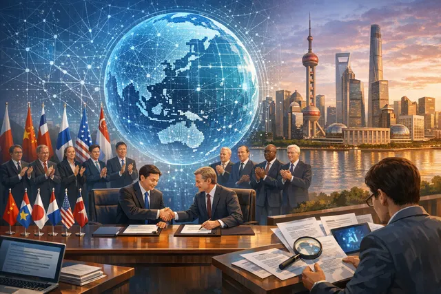 A conceptual illustration of global AI cooperation, featuring interconnected nodes and a globe, representing the World Artificial Intelligence Cooperation Organization (WAICO).