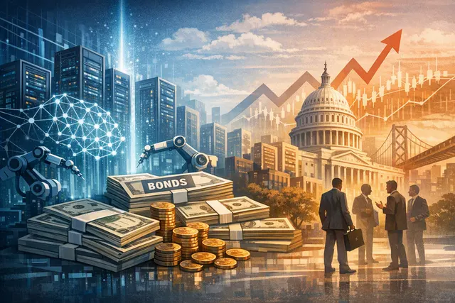 Editorial illustration of AI data centers and technology companies issuing bonds into a crowded fixed-income market