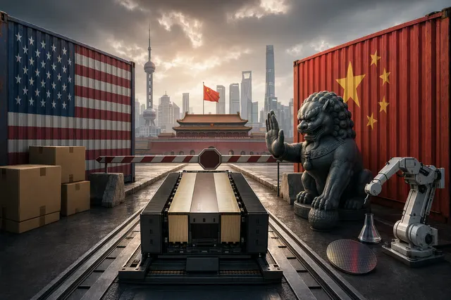 Conceptual illustration of AI chips and geopolitical tension between the United States and China