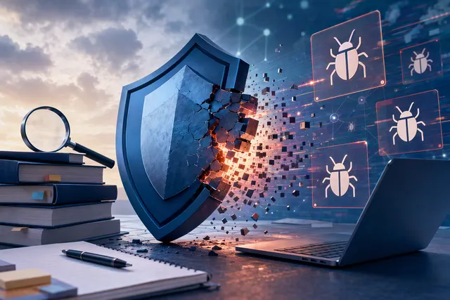 Editorial illustration representing Microsoft security updates and vulnerability patching