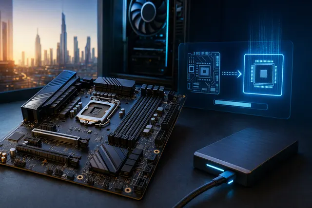 Illustration representing a motherboard BIOS update and a processor upgrade on an LGA1700 platform