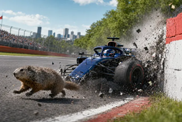 Alex Albon’s Williams crashes after hitting a groundhog during practice at the 2026 Canadian Grand Prix