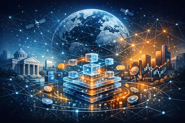 A conceptual illustration of interconnected financial blocks and blockchain nodes, representing the Open Transaction Layer standard for onchain finance coordination.