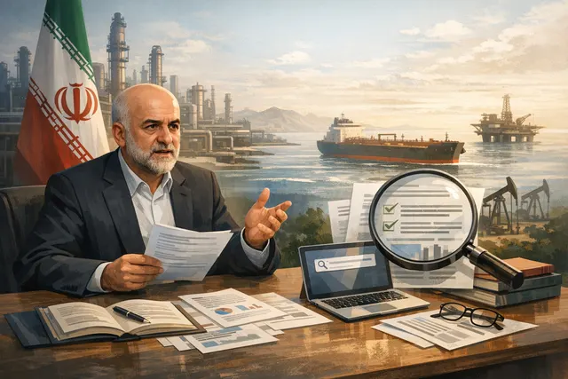 Iranian oil tanker at sea with oil rigs in the background, representing Iran's oil export operations