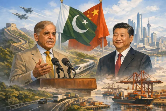 Illustration of PM Shehbaz Sharif and Joe Tsai at Alibaba headquarters with a smartphone displaying a Qwen AI-drafted agreement, symbolizing the rapid digital deal.