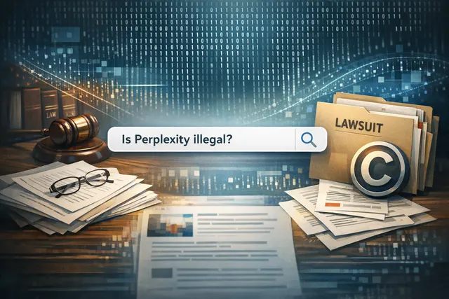 Perplexity AI logo and legal documents representing copyright, scraping, and privacy lawsuits