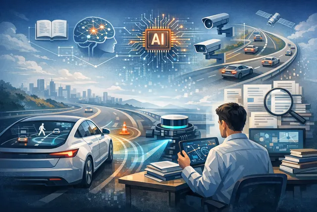 A Tesla vehicle driving on a road at dusk, with digital overlays representing FSD sensors, navigation data, and driver feedback prompts, symbolizing the personalized learning featu