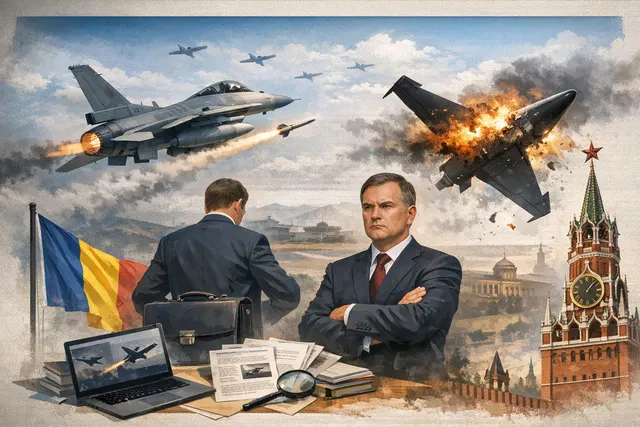 An AI-generated editorial image representing Romania's diplomatic escalation and F-16 drone interceptions in 2026.