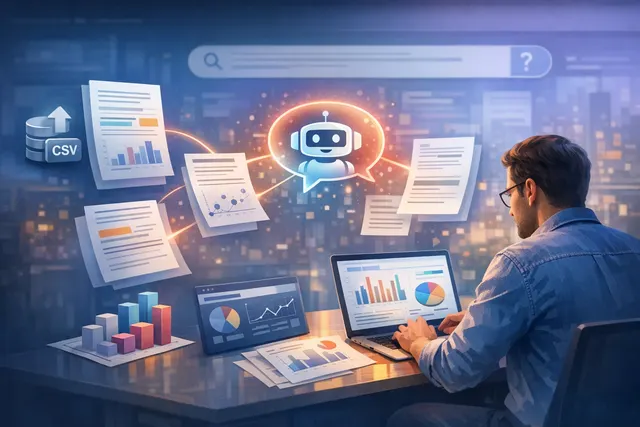 Abstract visualization of data flowing into an AI interface and transforming into charts and graphs, representing no-code data analysis and chart generation.