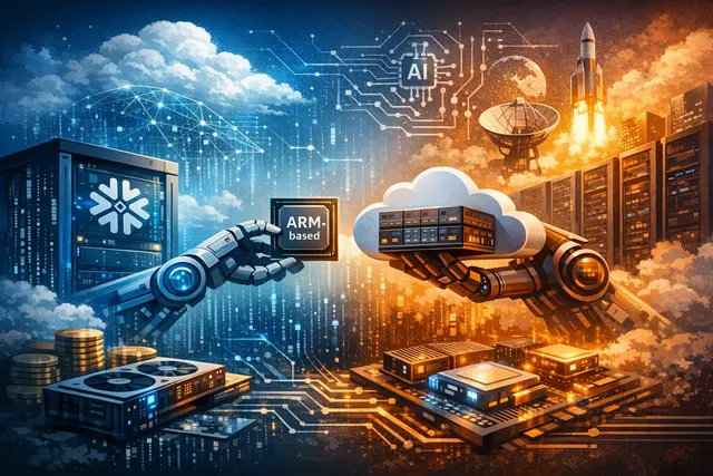 Abstract visualization of a new CPU chip battlefront for AI, representing Snowflake's $6 billion AWS Graviton deal.