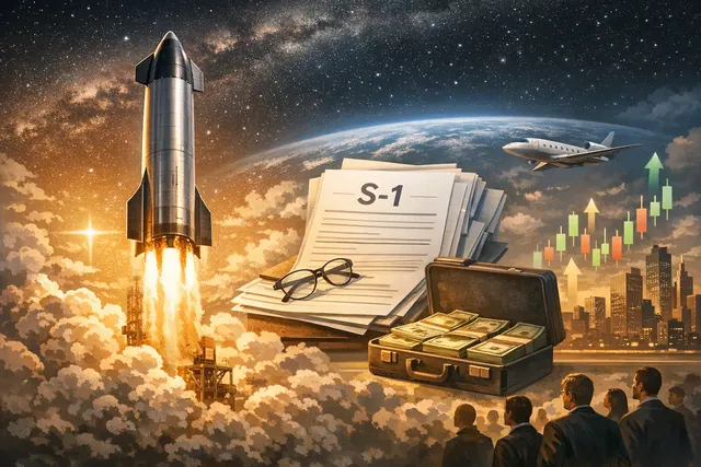 Illustration of SpaceX Starship V3 launching at twilight near Starbase Texas with financial charts and Nasdaq ticker SPCX overlay, symbolizing the company's upcoming IPO.