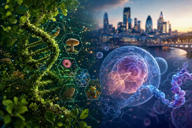 AI-generated editorial illustration accompanying an article about Basecamp Research’s biodiversity-based drug development